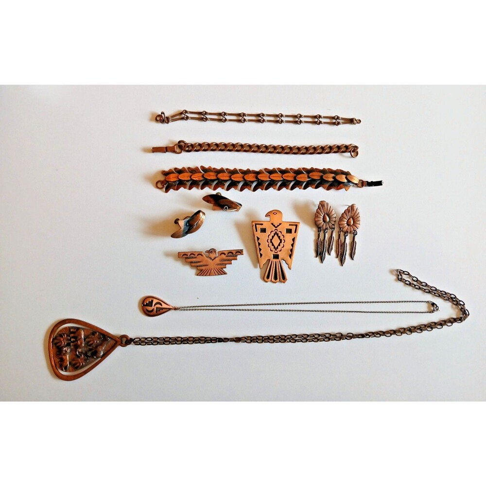 VTG Copper Jewelry Lot 9 Pieces- Bracelets Pins Necklace Earrings